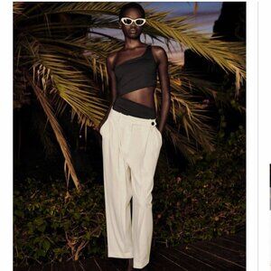 ZARA Women's Double Pleat Tapered Wide Leg Pants(Oyster-white, US M/EUR M)